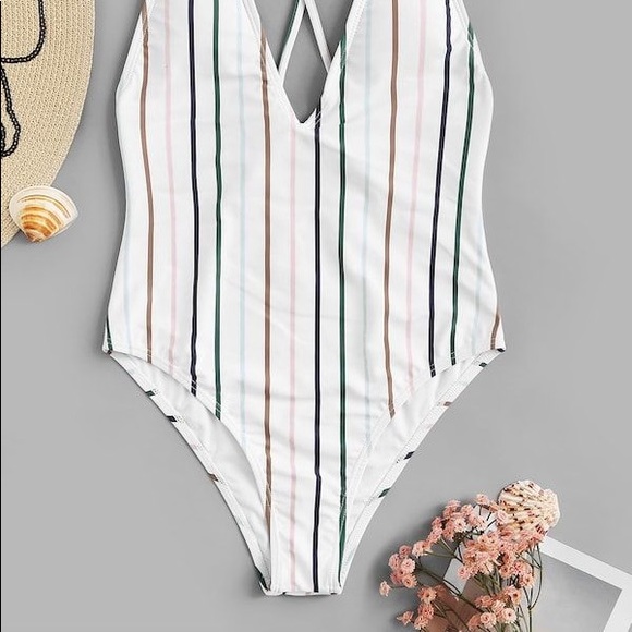 Shein Striped Criss Cross Low Back One Piece Swim - Picture 2 of 4